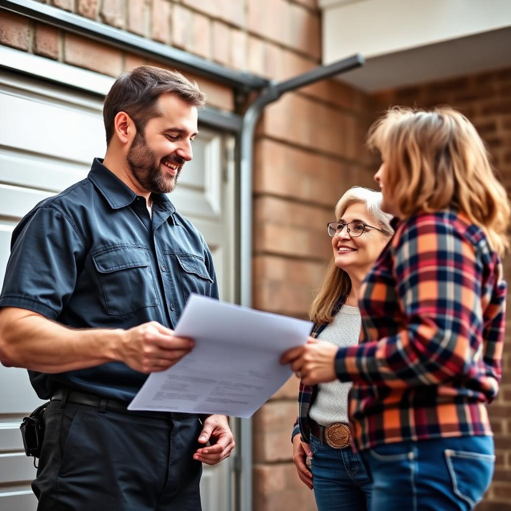 Ruskin Garage Doors technician explaining repair options to satisfied homeowners