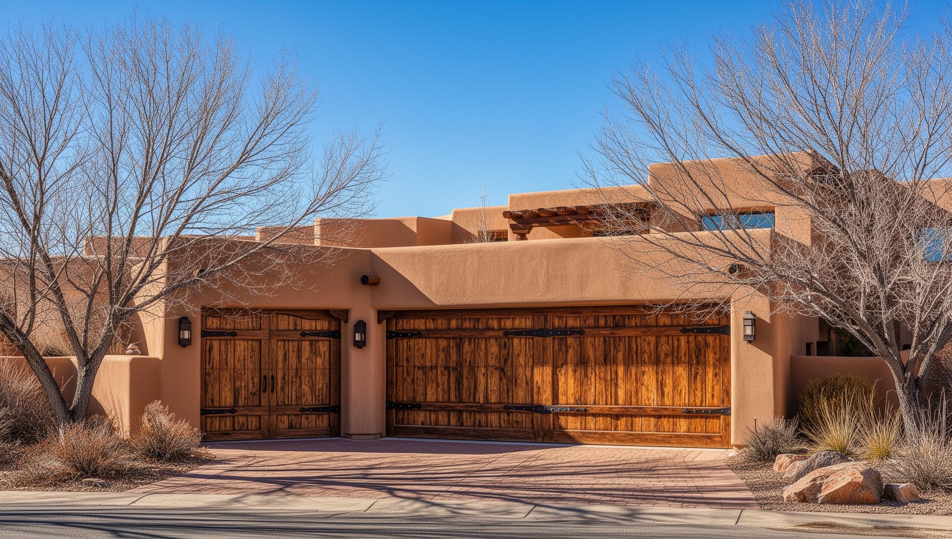Beautiful rustic wood grain garage doors with iron strap hinges on a Southwest adobe style home